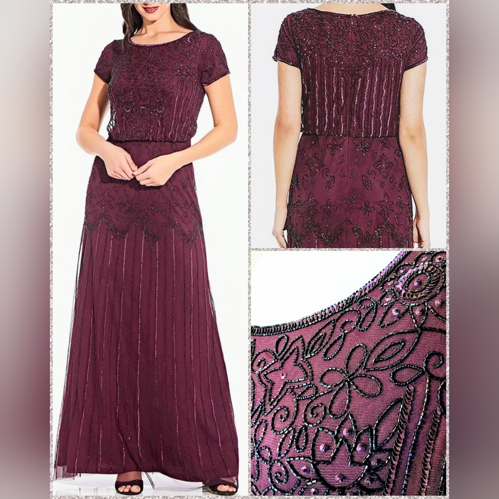 NWT, Adriana Papell, Cassis Colored, Simmering Beaded, Blouson Gown, Size 18W